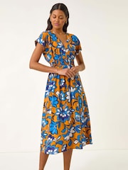 Roman Orange Floral Print Shirred Midi Dress - Image 2 of 5