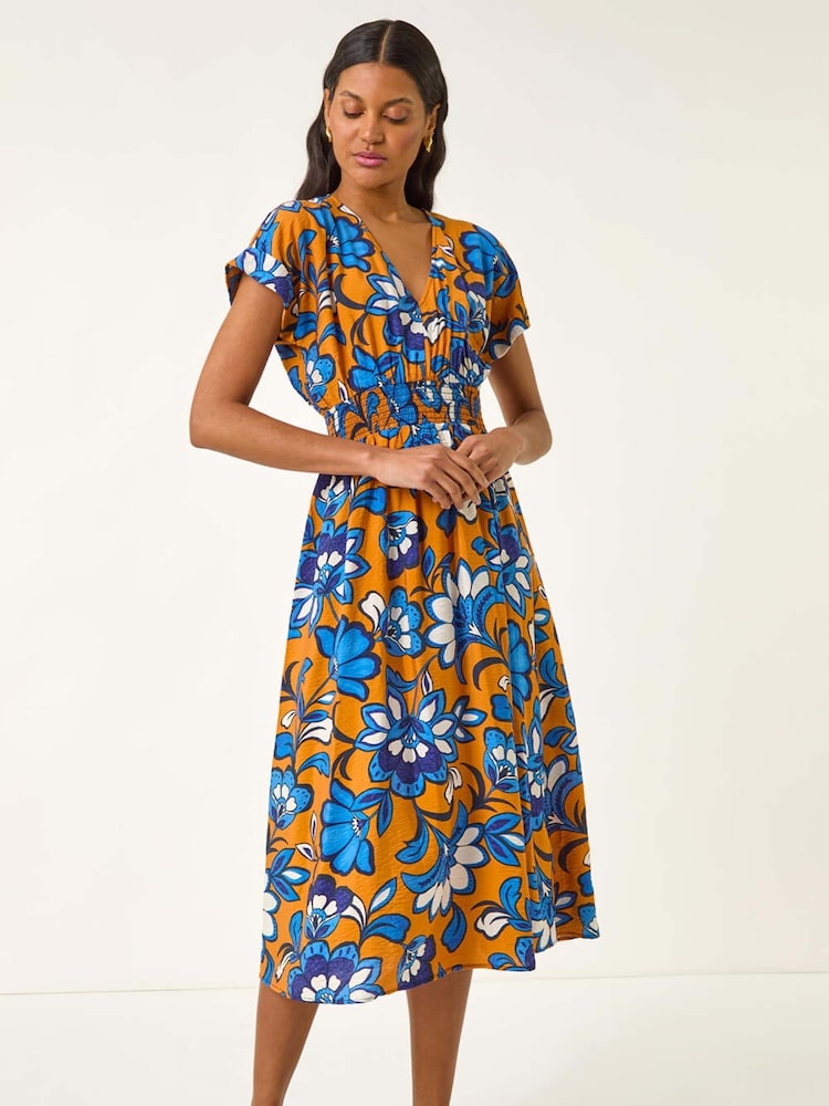 Roman Orange Floral Print Shirred Midi Dress - Image 2 of 5