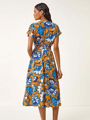 Roman Orange Floral Print Shirred Midi Dress - Image 3 of 5