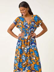 Roman Orange Floral Print Shirred Midi Dress - Image 4 of 5