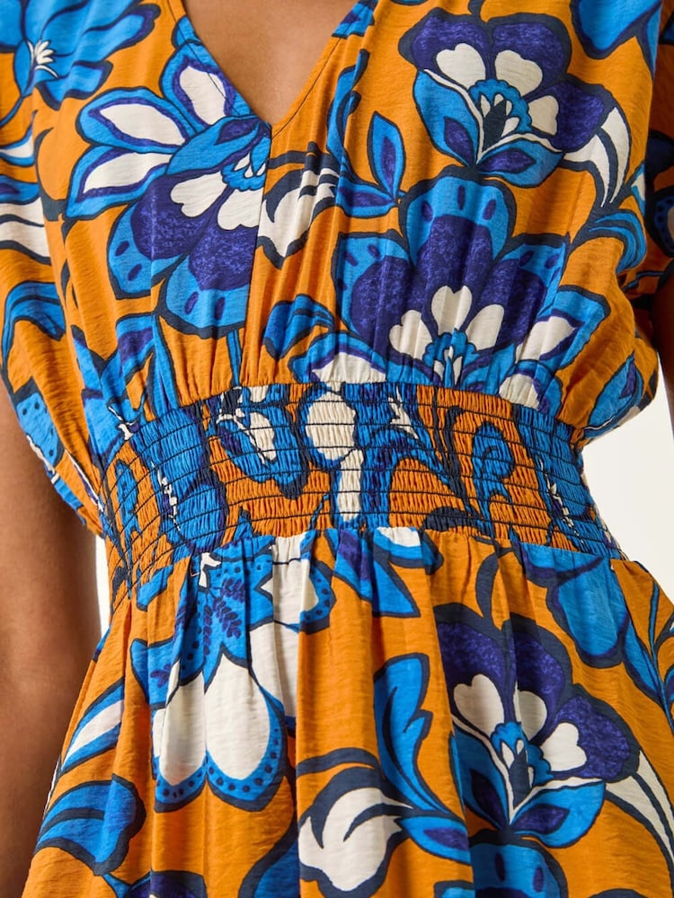 Roman Orange Floral Print Shirred Midi Dress - Image 5 of 5