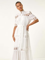 Roman White Lace Detail Belted Midi Dress - Image 1 of 5