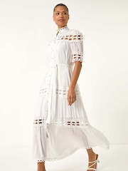 Roman White Lace Detail Belted Midi Dress - Image 2 of 5