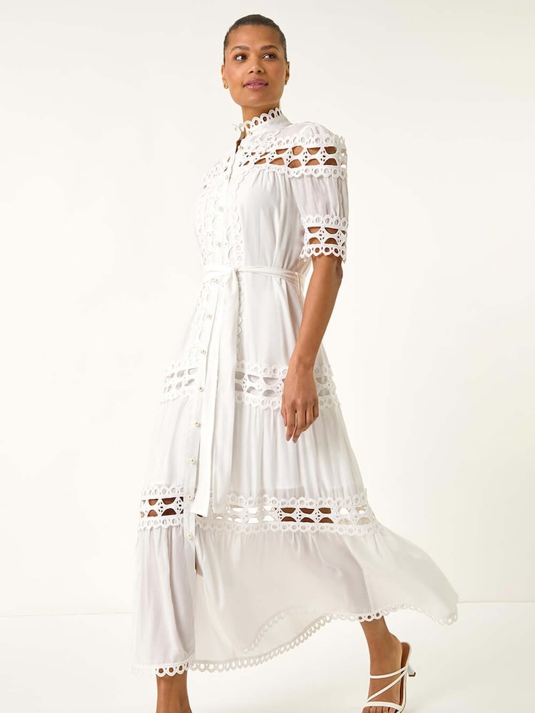 Roman White Lace Detail Belted Midi Dress - Image 2 of 5