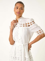 Roman White Lace Detail Belted Midi Dress - Image 4 of 5