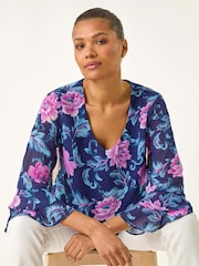 Roman Purple Floral Print Frill Sleeve Blouse - Image 1 of 5