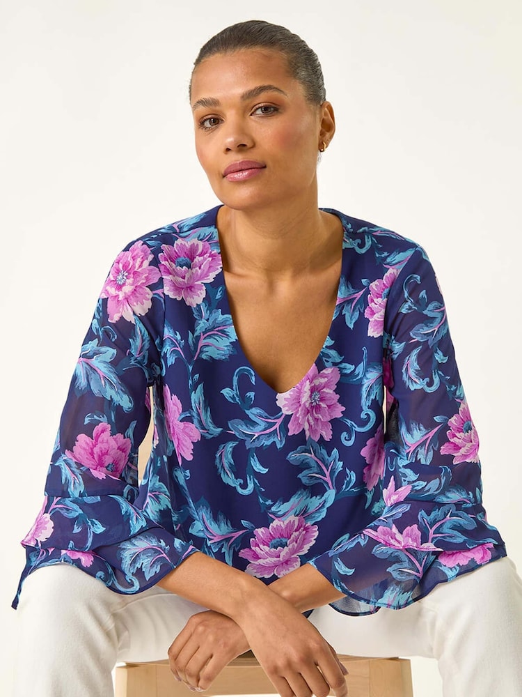 Roman Purple Floral Print Frill Sleeve Blouse - Image 1 of 5
