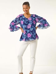 Roman Purple Floral Print Frill Sleeve Blouse - Image 2 of 5