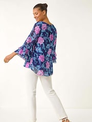 Roman Purple Floral Print Frill Sleeve Blouse - Image 3 of 5