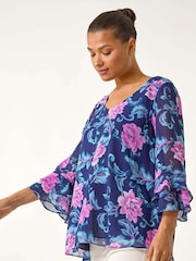 Roman Purple Floral Print Frill Sleeve Blouse - Image 4 of 5