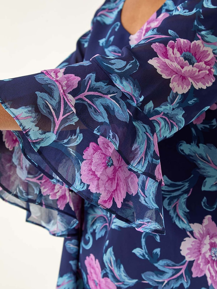 Roman Purple Floral Print Frill Sleeve Blouse - Image 5 of 5
