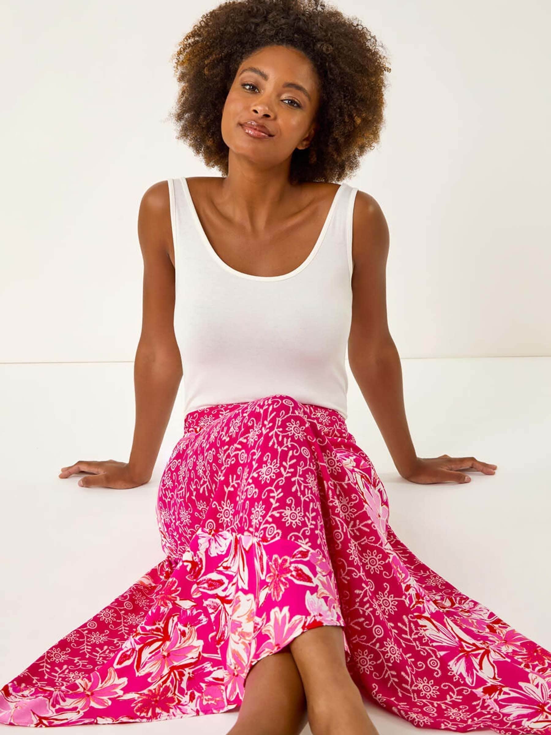 Roman Pink Vivid Multi Floral Print A-Line Skirt