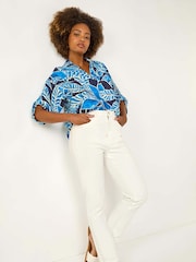 Roman Blue Leaf Print Pleated Collared Blouse - Image 1 of 5