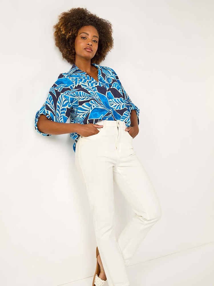 Roman Blue Leaf Print Pleated Collared Blouse - Image 1 of 5