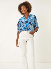 Roman Blue Leaf Print Pleated Collared Blouse - Image 2 of 5
