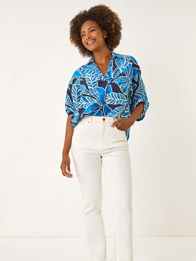 Roman Blue Leaf Print Pleated Collared Blouse - Image 2 of 5
