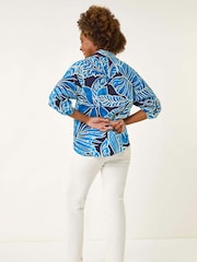 Roman Blue Leaf Print Pleated Collared Blouse - Image 3 of 5