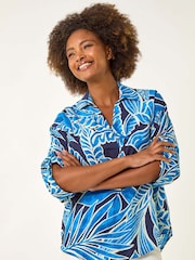 Roman Blue Leaf Print Pleated Collared Blouse - Image 4 of 5