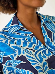 Roman Blue Leaf Print Pleated Collared Blouse - Image 5 of 5