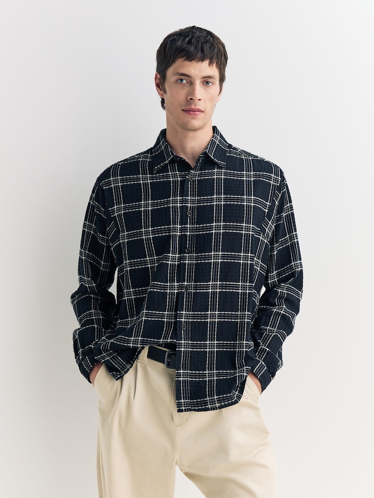 Oliver Spencer Black Garrison Long Sleeve Check Seersucker Shirt - Image 1 of 6 Oliver Spencer Black Garrison Long Sleeve Check Seersucker Shirt - Image 1 of 6