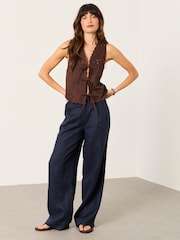 FatFace Navy Wide Leg Linen Trousers - Image 3 of 6