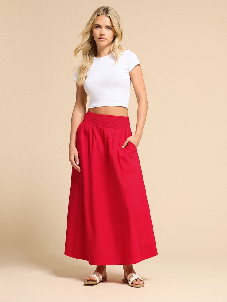 PixieGirl Petite Red Poplin Shirred Midi Skirt - Image 1 of 5
