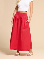 PixieGirl Petite Red Poplin Shirred Midi Skirt - Image 2 of 5