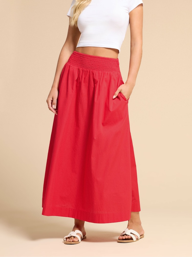 PixieGirl Petite Red Poplin Shirred Midi Skirt - Image 2 of 5
