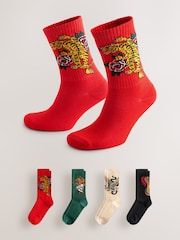 Red/Green/Black Pattern Sports Socks 4 Pack - Image 1 of 9