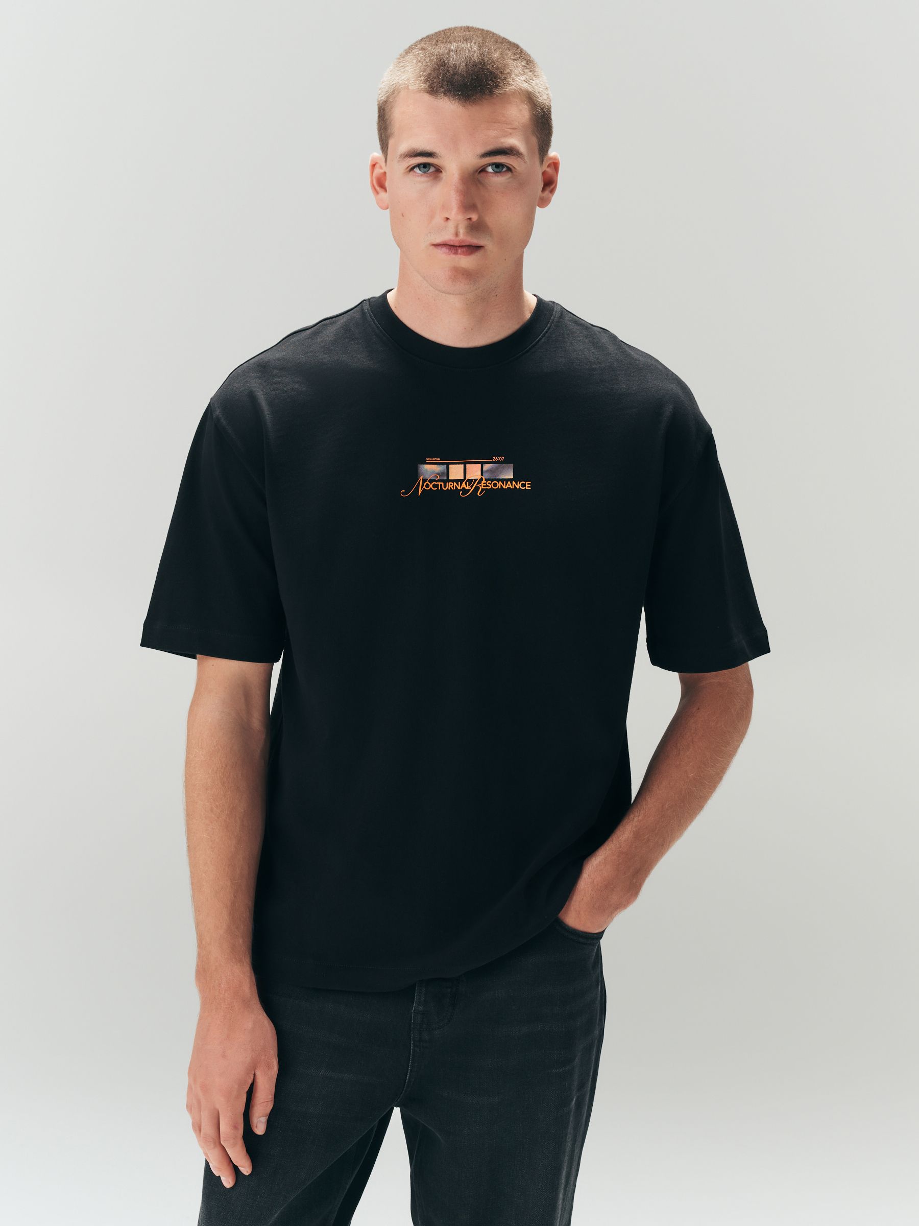 Buy Black Techno Relaxed Fit Graphic Print Heavy Weight T-Shirt