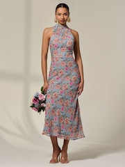 Jolie Moi Blue Chiffon Halterneck Printed Midaxi Dress - Image 1 of 6