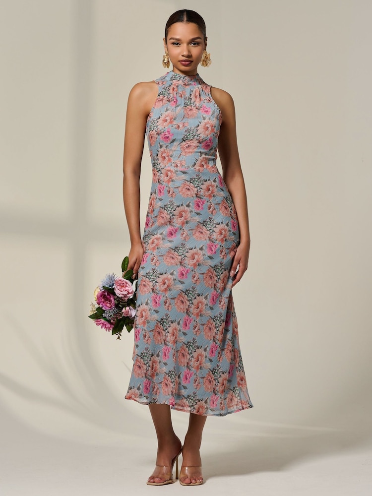 Jolie Moi Blue Chiffon Halterneck Printed Midaxi Dress - Image 1 of 6