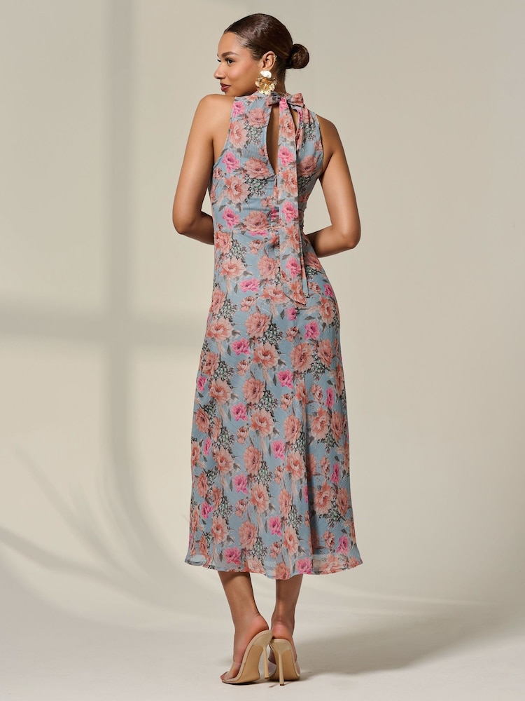 Jolie Moi Blue Chiffon Halterneck Printed Midaxi Dress - Image 2 of 6