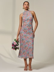 Jolie Moi Blue Chiffon Halterneck Printed Midaxi Dress - Image 4 of 6