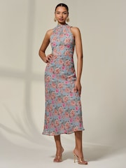 Jolie Moi Blue Chiffon Halterneck Printed Midaxi Dress - Image 5 of 6
