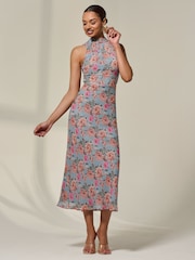 Jolie Moi Blue Chiffon Halterneck Printed Midaxi Dress - Image 6 of 6