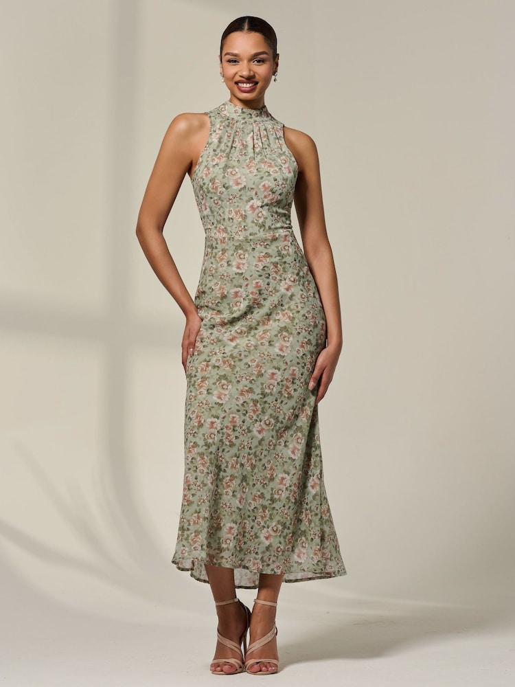 Jolie Moi Green Sleeveless Chiffon Halterneck Midaxi Dress - Image 1 of 6