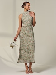 Jolie Moi Green Sleeveless Chiffon Halterneck Midaxi Dress - Image 3 of 6