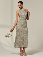 Jolie Moi Green Sleeveless Chiffon Halterneck Midaxi Dress - Image 4 of 6