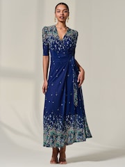 Jolie Moi Blue Mesh Sleeve Ruched Midi Dress - Image 1 of 6