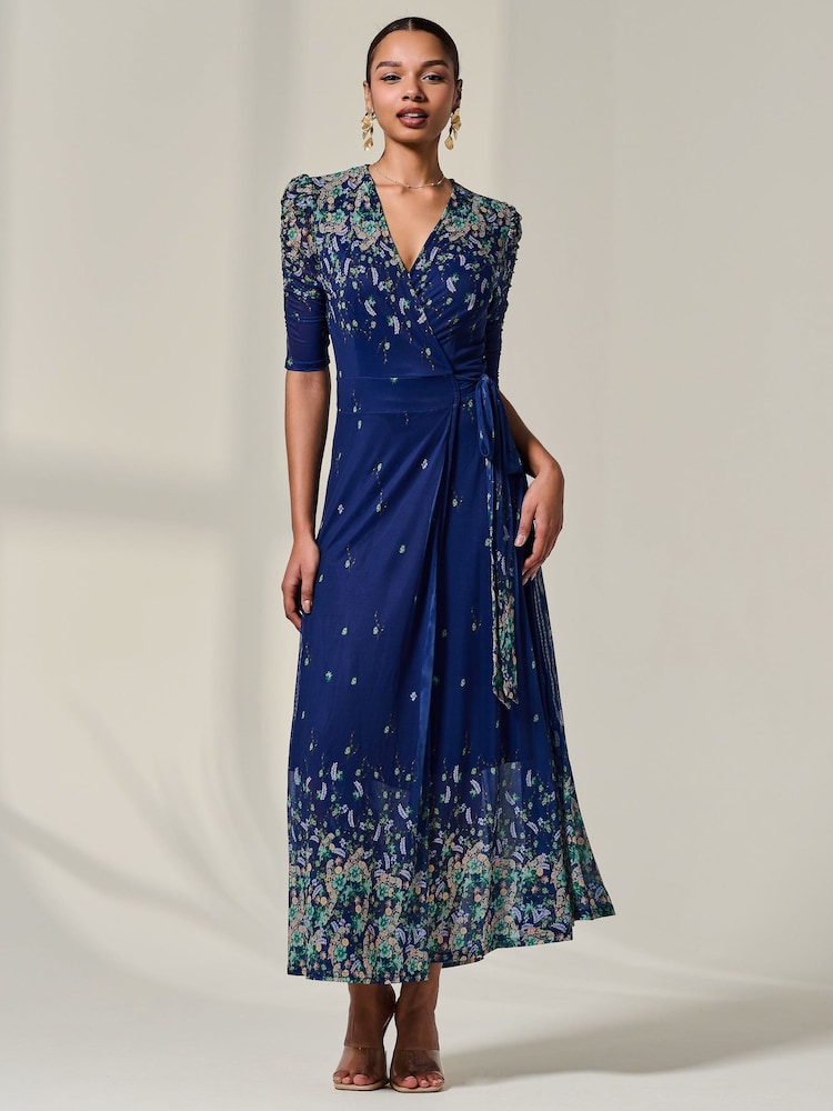 Jolie Moi Blue Mesh Sleeve Ruched Midi Dress - Image 1 of 6