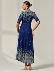 Jolie Moi Blue Mesh Sleeve Ruched Midi Dress - Image 2 of 6