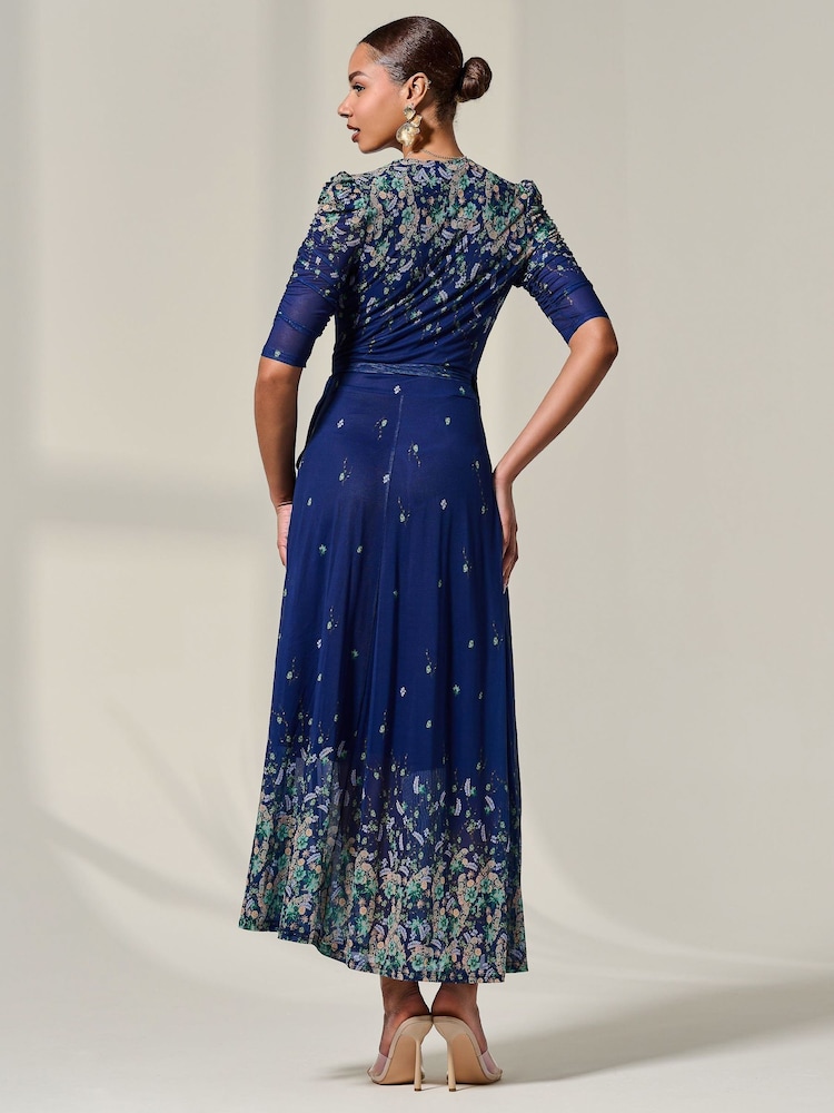 Jolie Moi Blue Mesh Sleeve Ruched Midi Dress - Image 2 of 6