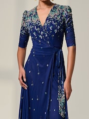 Jolie Moi Blue Mesh Sleeve Ruched Midi Dress - Image 3 of 6