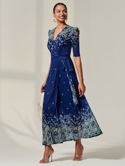 Jolie Moi Blue Mesh Sleeve Ruched Midi Dress - Image 4 of 6