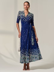 Jolie Moi Blue Mesh Sleeve Ruched Midi Dress - Image 5 of 6