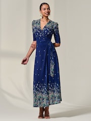 Jolie Moi Blue Mesh Sleeve Ruched Midi Dress - Image 6 of 6