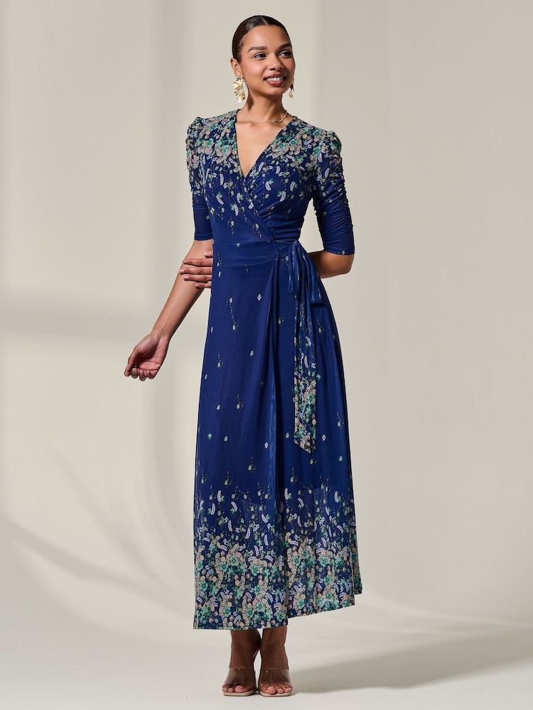Jolie Moi Blue Mesh Sleeve Ruched Midi Dress - Image 6 of 6