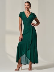 Jolie Moi Green Angel Sleeve Mesh Wrap Maxi Dress - Image 1 of 6
