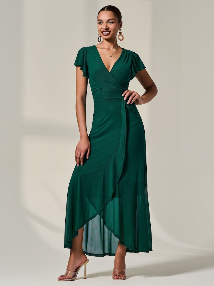 Jolie Moi Green Angel Sleeve Mesh Wrap Maxi Dress - Image 1 of 6